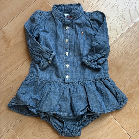 Ralph Lauren Baby Girl Denim Blue Button Down Long Sleeve Dress Size 9 months - Picture 1 of 4